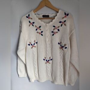 YarnWorks Cream Floral Embroidered Sweater